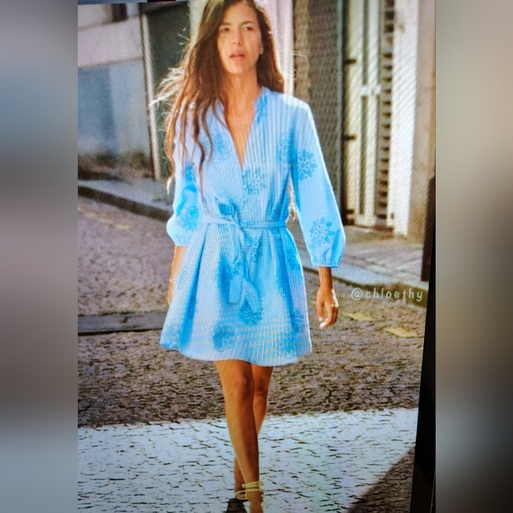 NWT ZARA SKY BLUE POPLIN EYELET 3/4 SLEEVE CASUAL BELTED MINI DRESS WOMEN'S Sz M